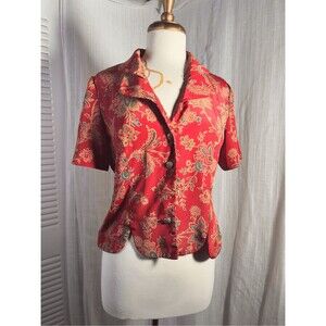 Leslie Fay Blouse Petite S Vintage 90's Red Victorian Maximalist Button Down Top